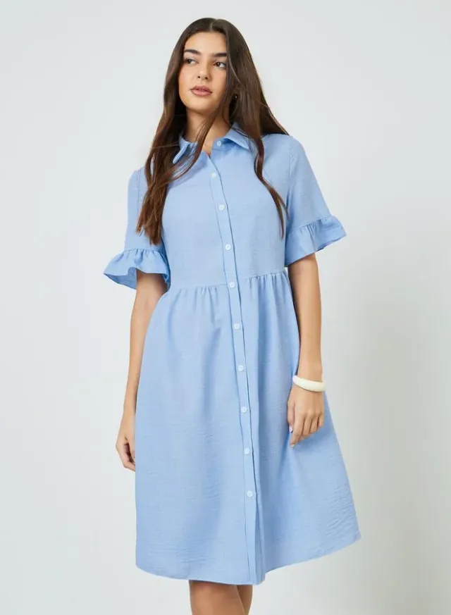 Blue Ruffle Sleeves Shirt Knee-Length Dress – image 3