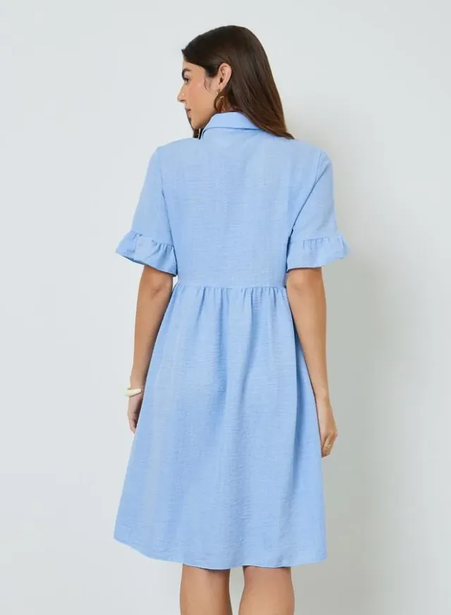 Blue Ruffle Sleeves Shirt Knee-Length Dress – image 5