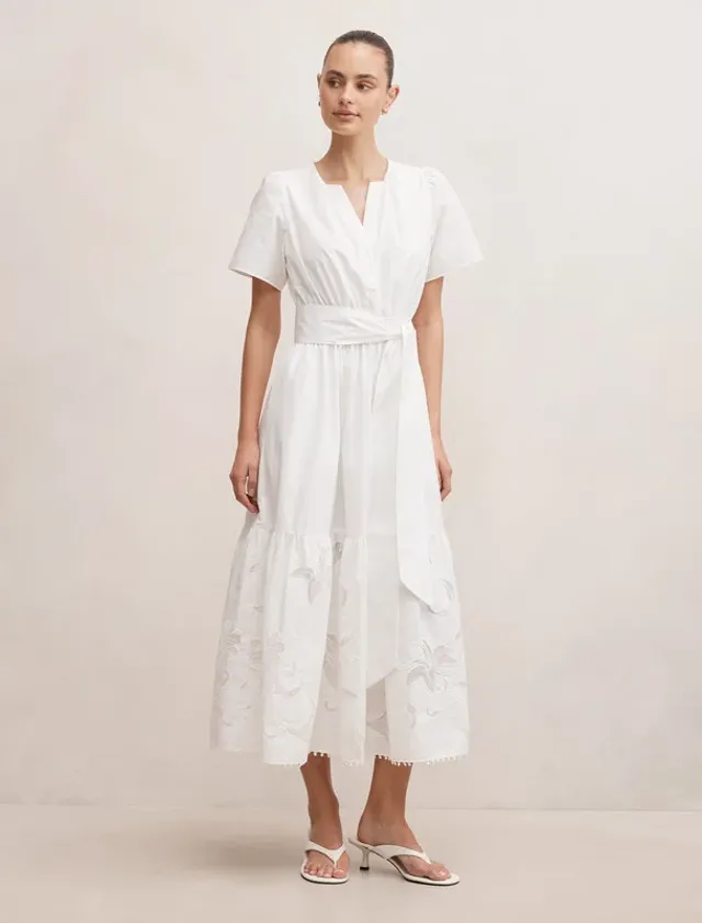 Matilda Embroidered Tie Midi Dress