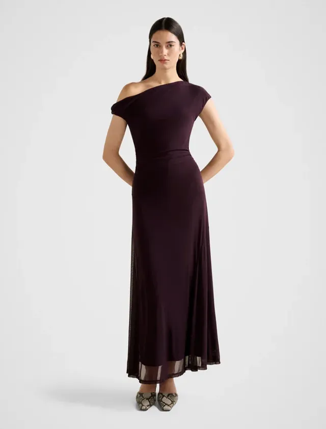 VIOLET Ruched Asymmetric Neck Maxi Dress