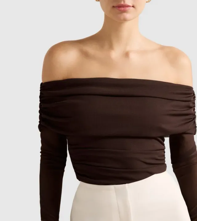 KAIA Ruched Mesh Off-Shoulder Top – image 4