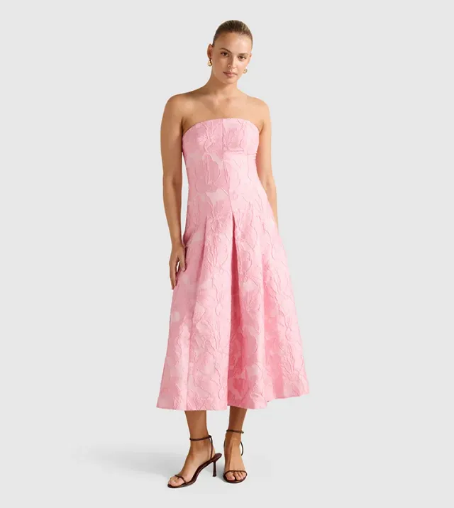 CHARLOTTE Strapless Jacquard Midi Dress