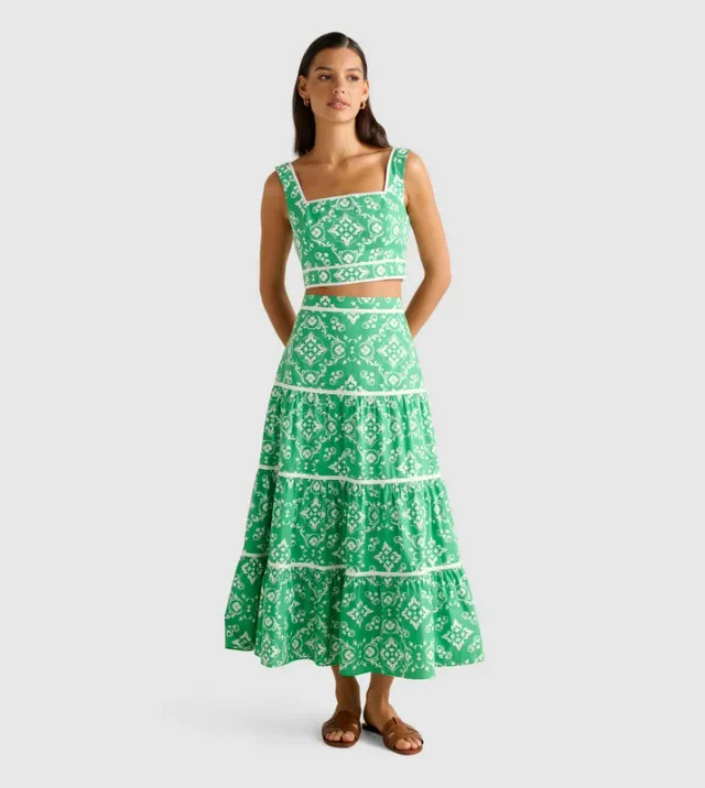 MONA Printed Binding Tiered Midi Skirt