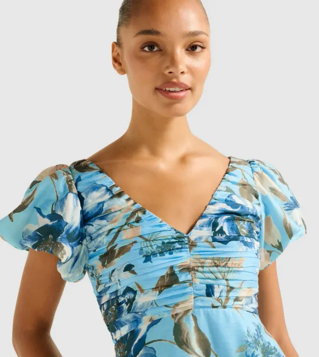 JUNE Printed Ruched V-Neck Midi Dress – image 3