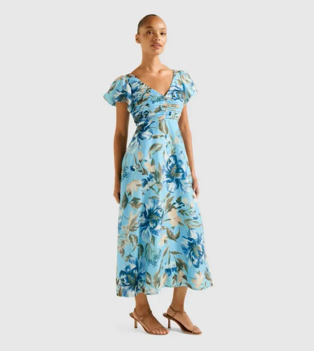 JUNE Printed Ruched V-Neck Midi Dress – image 4