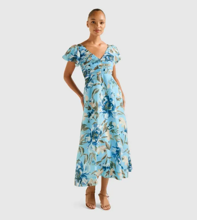 JUNE Printed Ruched V-Neck Midi Dress