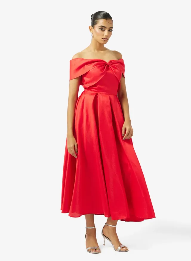 OFF SHOULDER RIBBON BUST TAFFETA DRESS