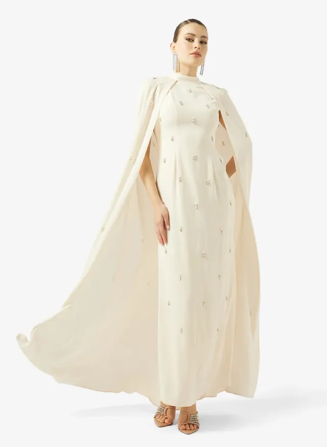 EMBELLISHED CAPE CREPE DRESS