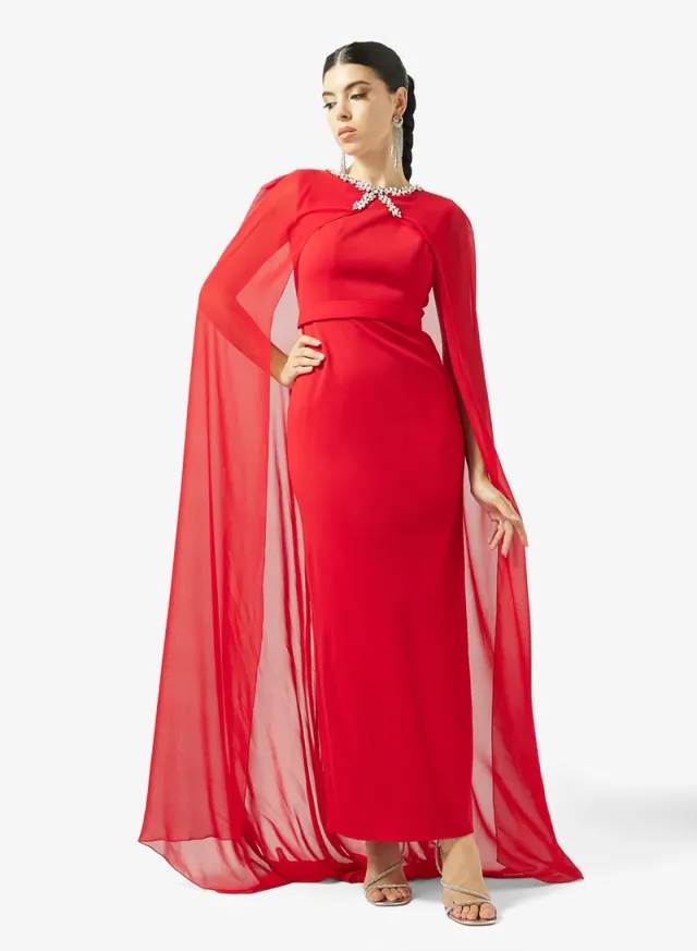CRYSTAL NECK FLUTE SLEEVE CREPE