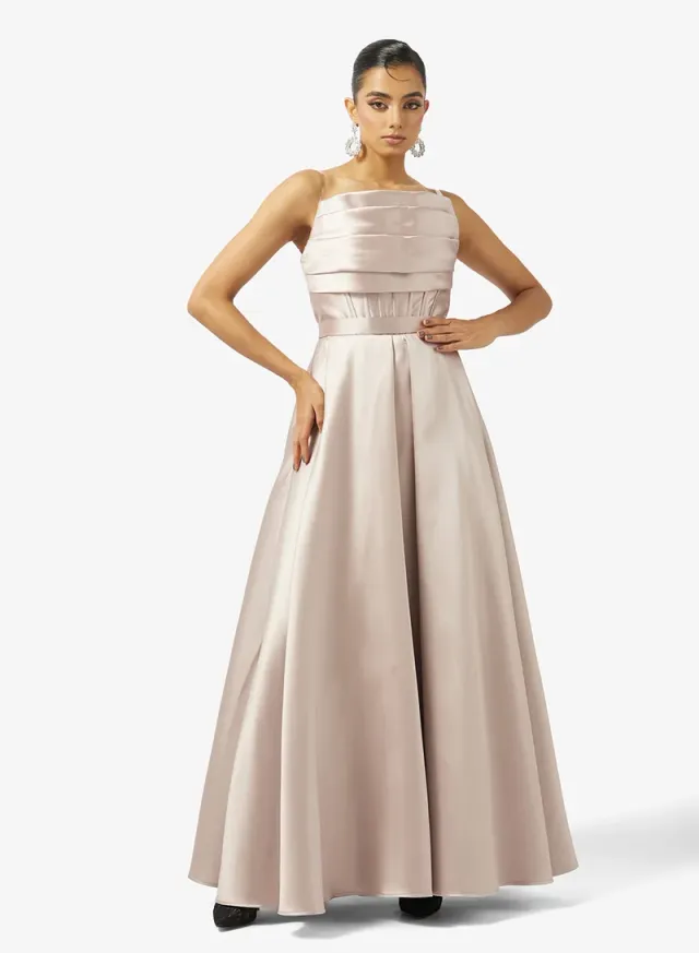 COLD SHOULDER PLEATED BUST TAFFETA DRESS