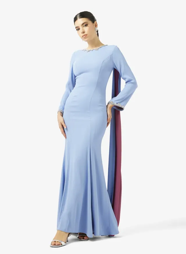 ROUND NECK SHOULDER TAIL CREPE DRESS