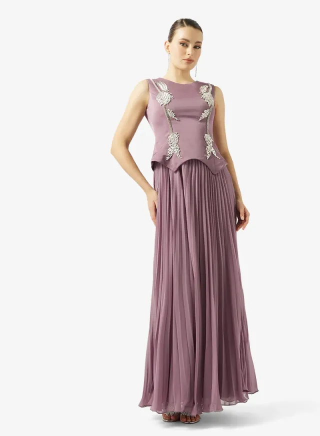 CRYSTAL DETAIL PLISSE CHIFFON DRESS