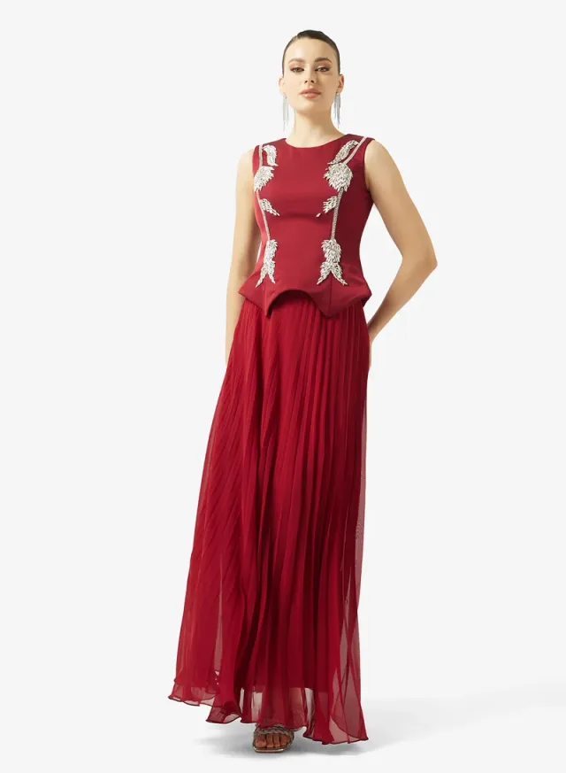 CRYSTAL DETAIL PLISSE CHIFFON DRESS