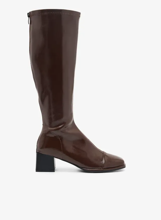 Faux Leather Block Heel Knee High Boots