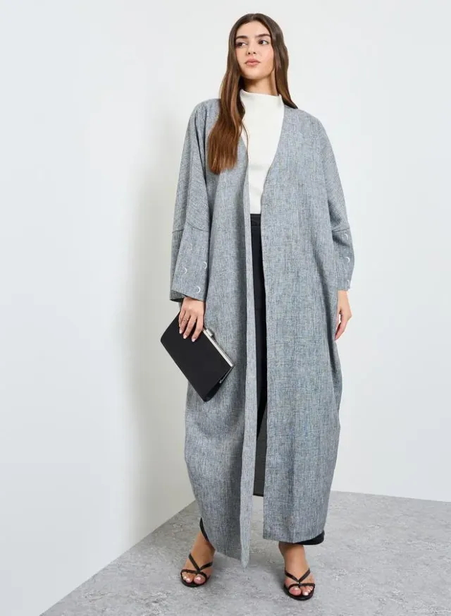 Grey Front Open Abaya with Embroidered Cuff Sleeve