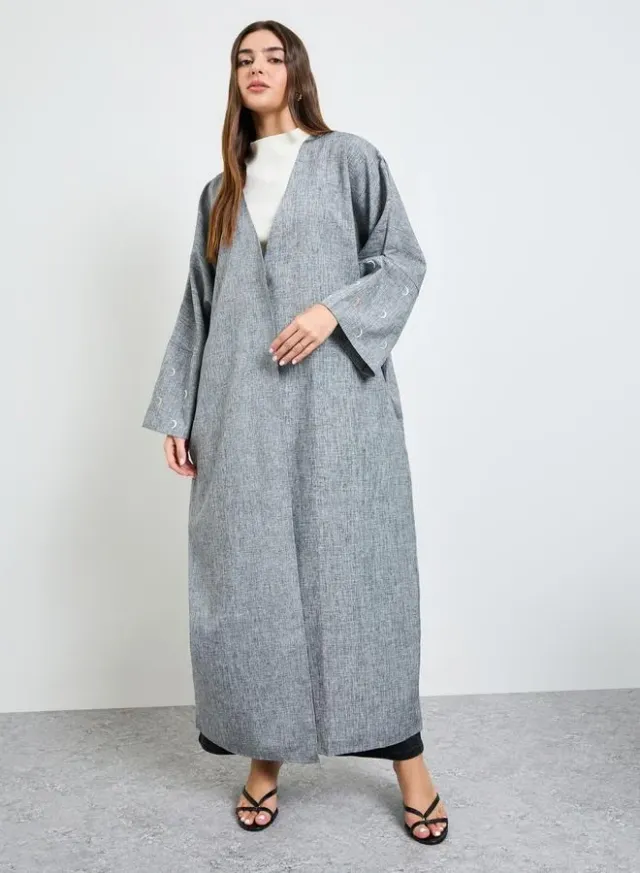 Grey Front Open Abaya with Embroidered Cuff Sleeve – image 2