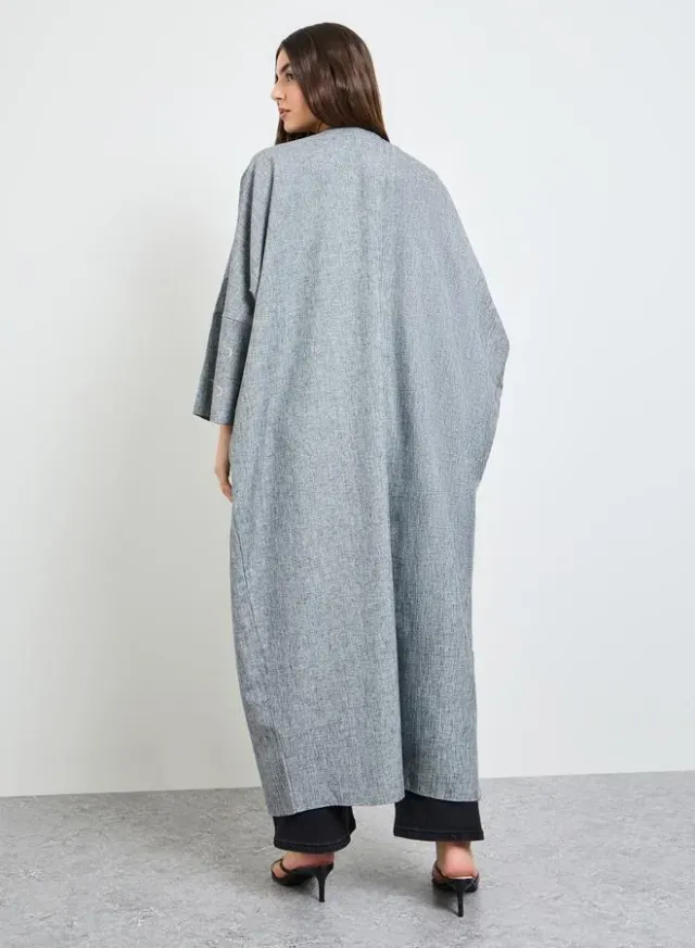 Grey Front Open Abaya with Embroidered Cuff Sleeve – image 3