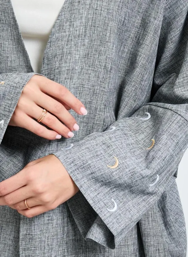 Grey Front Open Abaya with Embroidered Cuff Sleeve – image 4