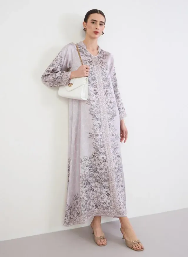 Floral Print Jalabiya with Gold Lace Trim