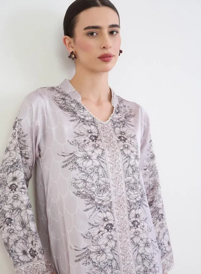 Floral Print Jalabiya with Gold Lace Trim – image 2