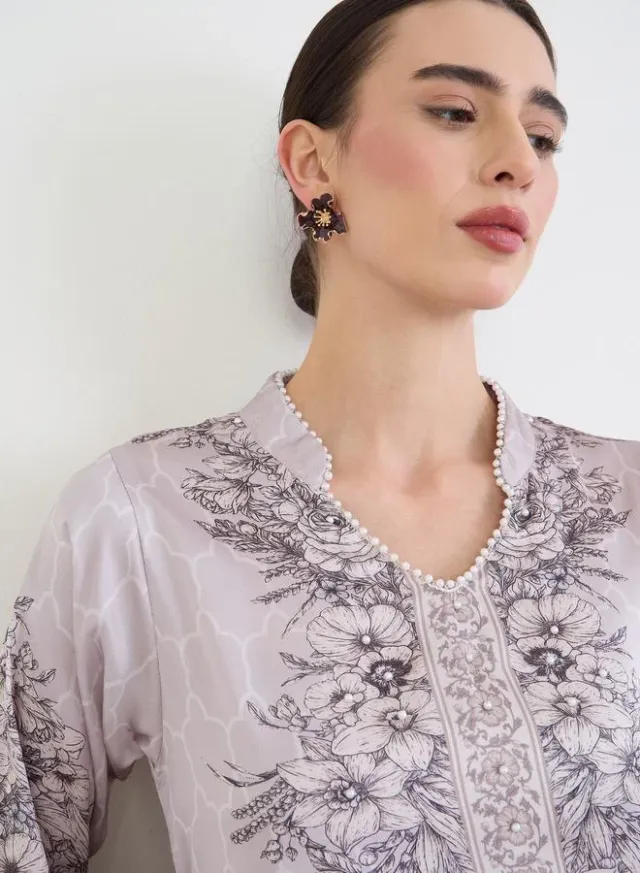 Floral Print Jalabiya with Gold Lace Trim – image 4