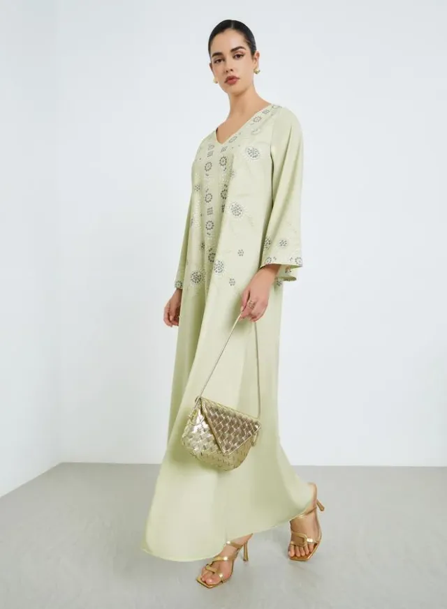 Floral Print Jalabiya with Gold Lace Trim
