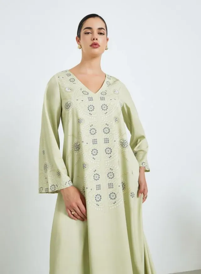 Floral Print Jalabiya with Gold Lace Trim – image 2