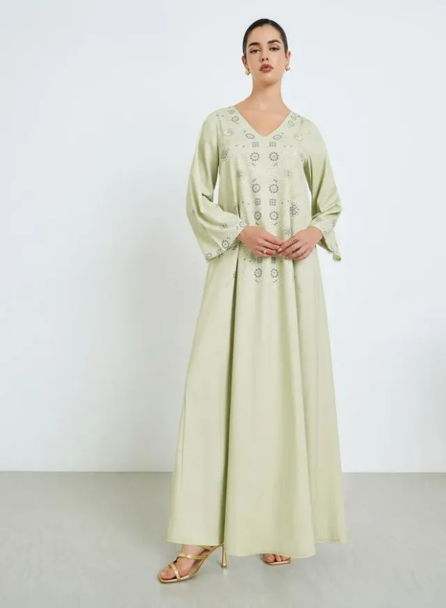 Floral Print Jalabiya with Gold Lace Trim – image 3