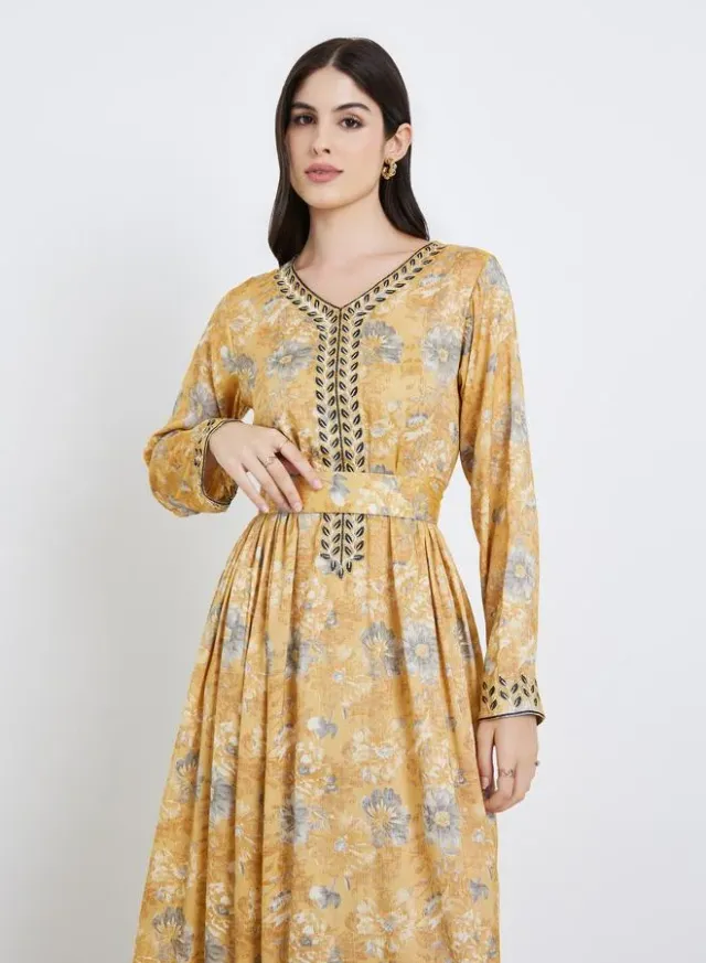 Floral Print Jalabiya with Gold Lace Trim – image 3