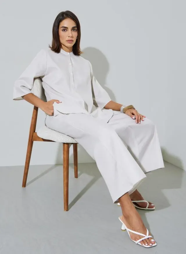Grey Solid Stand Collar Top and Wide Leg Trousers Set