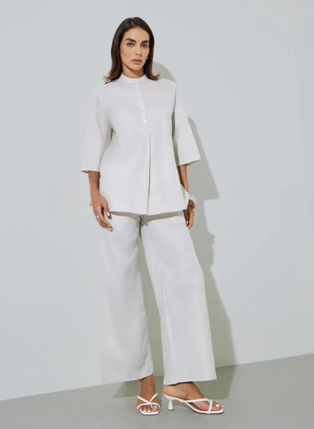 Grey Solid Stand Collar Top and Wide Leg Trousers Set – image 2
