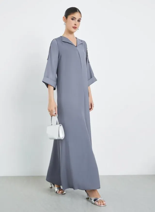Grey Front Pleat Lace Detail Jalabiya