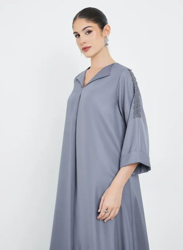 Grey Front Pleat Lace Detail Jalabiya – image 2