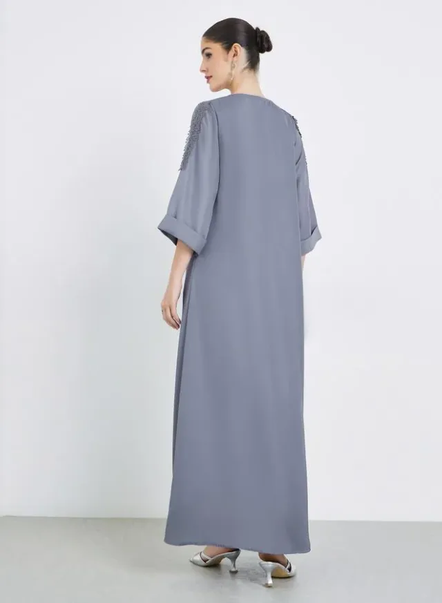 Grey Front Pleat Lace Detail Jalabiya – image 3