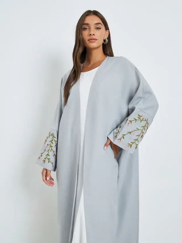 Grey Front Open Abaya with Embroidery – image 2