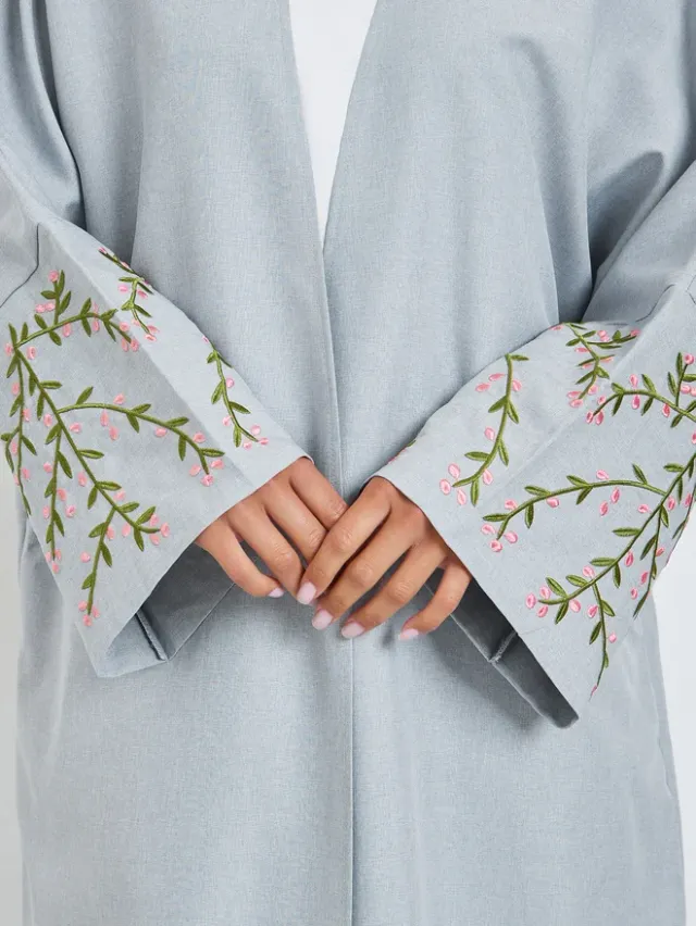 Grey Front Open Abaya with Embroidery – image 3
