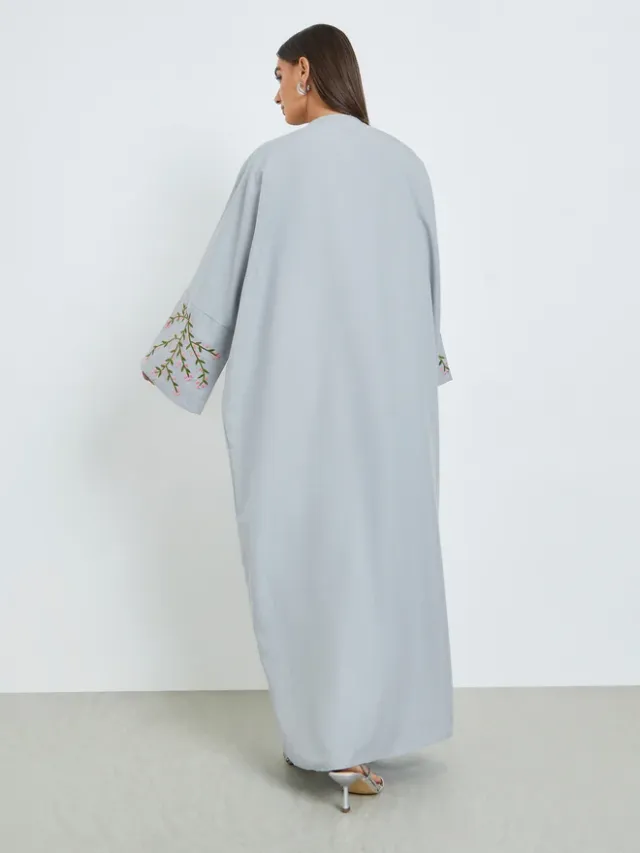 Grey Front Open Abaya with Embroidery – image 4