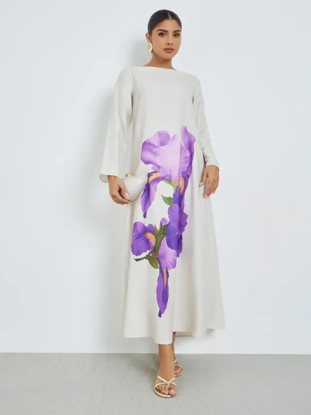Grey Floral Print Long Sleeve Jalabiya