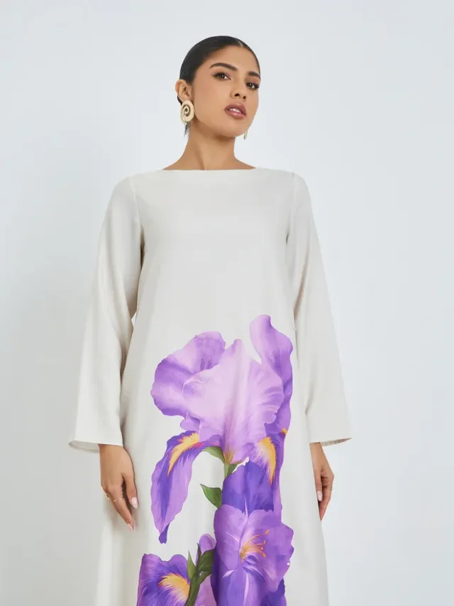 Grey Floral Print Long Sleeve Jalabiya – image 2