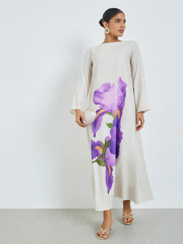 Grey Floral Print Long Sleeve Jalabiya – image 3