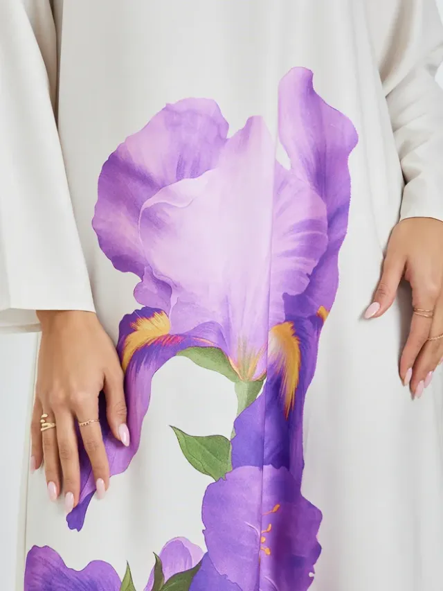 Grey Floral Print Long Sleeve Jalabiya – image 4