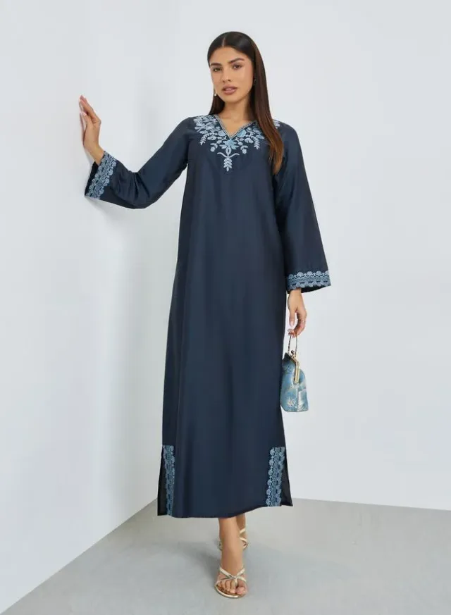 Grey Floral Print Long Sleeve Jalabiya