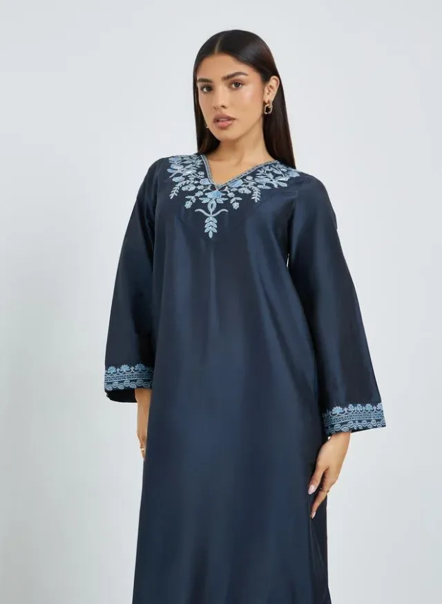Grey Floral Print Long Sleeve Jalabiya – image 2