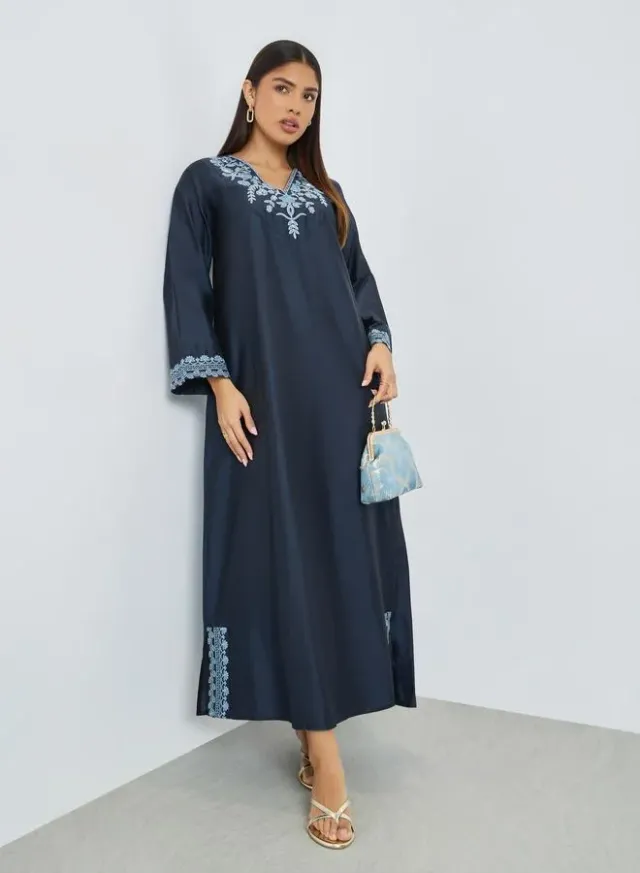 Grey Floral Print Long Sleeve Jalabiya – image 3