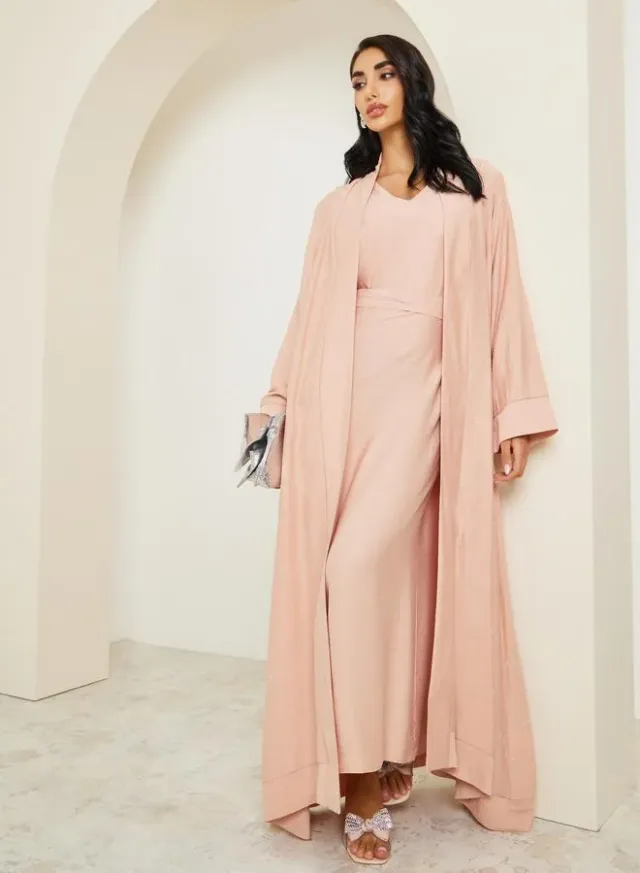Black and White Printed Open Abaya and Wide Leg Pants Set