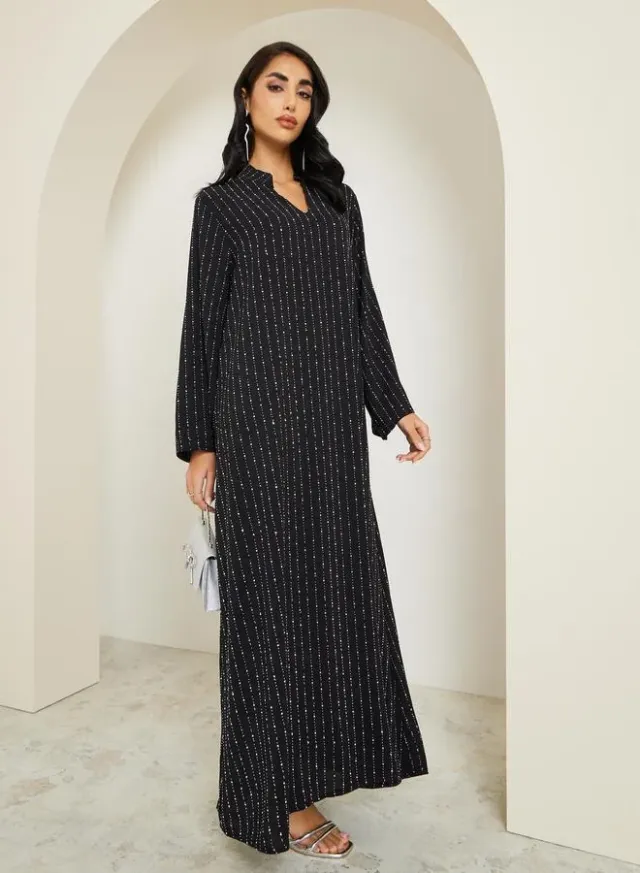 Women Crystal Embellished Jalabiya with Stand Collar