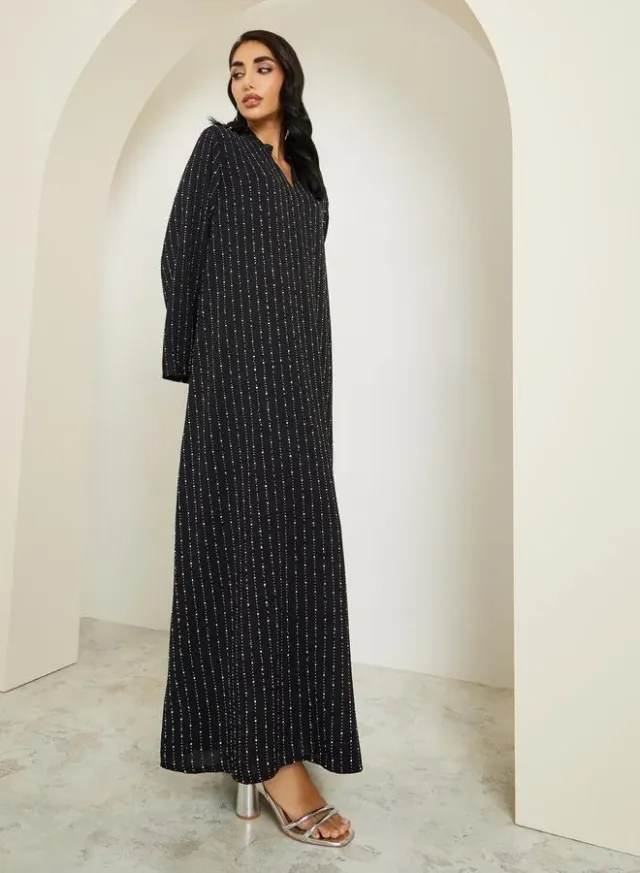 Women Crystal Embellished Jalabiya with Stand Collar – image 4