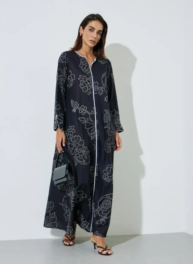 Black All Over Print Contrast Trim Maxi Jalabiya