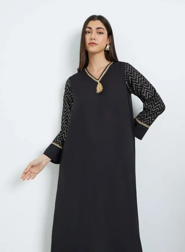 Black Foil Print V-Neck A-Line Jalabiya – image 2