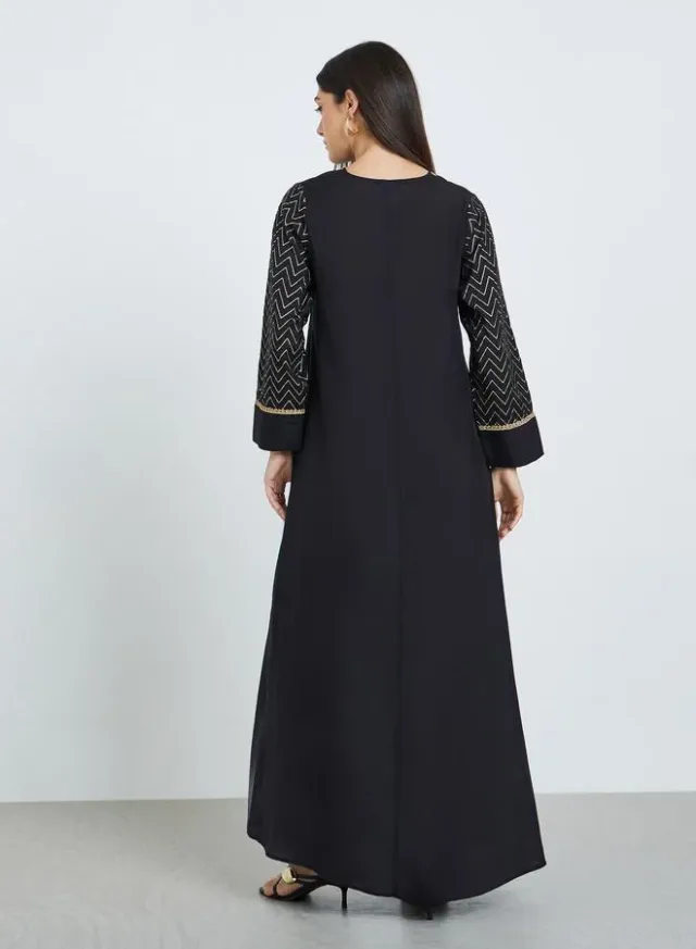 Black Foil Print V-Neck A-Line Jalabiya – image 5